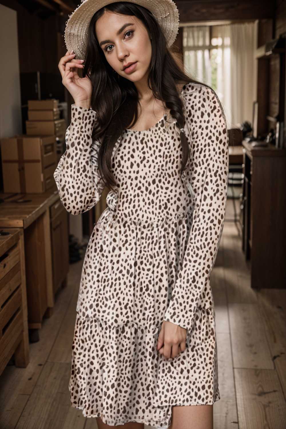 loose leopard print v neck dress drop shoulder a line closed cape paneled 127487