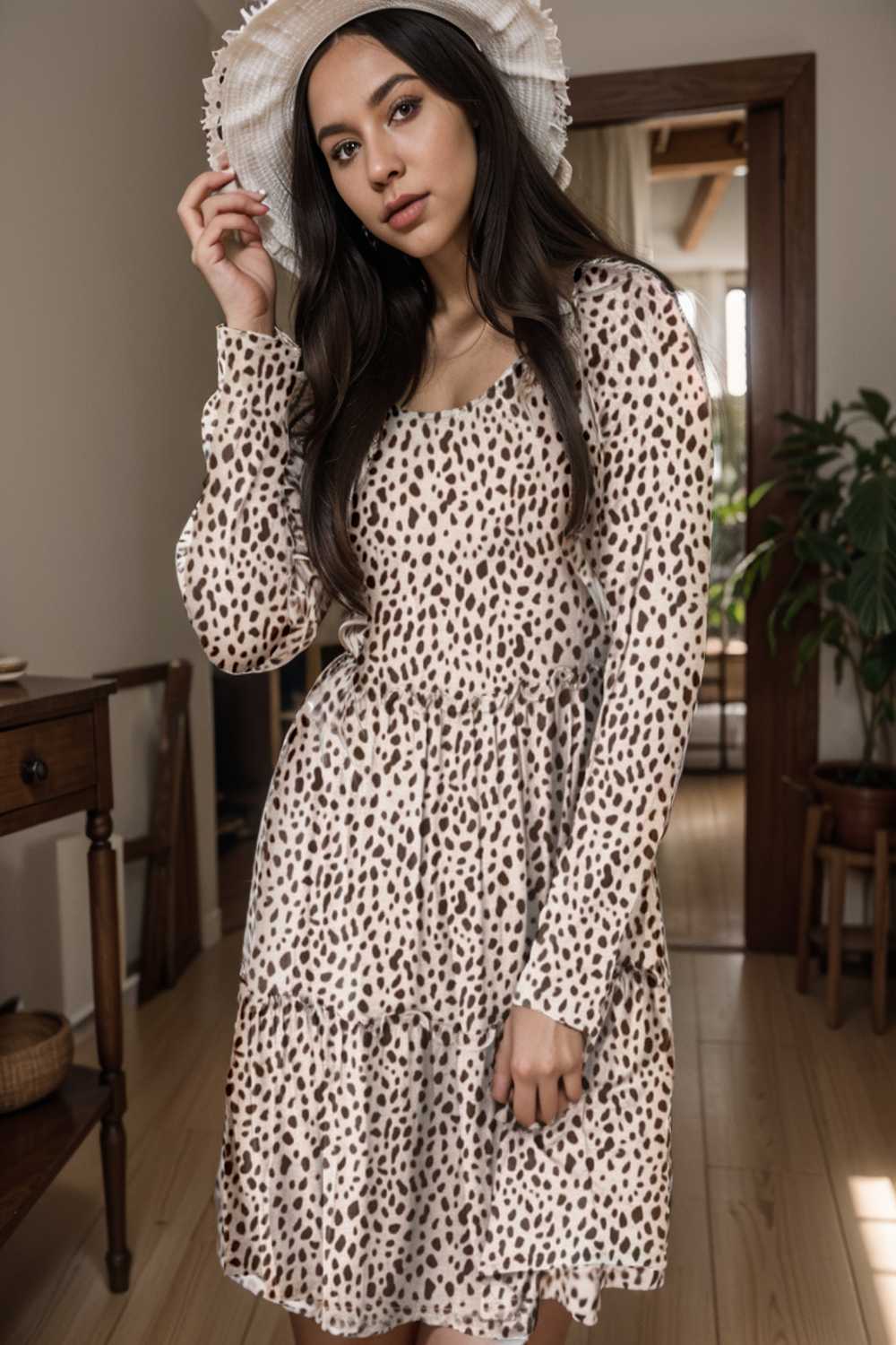 loose leopard print v neck dress drop shoulder a line closed cape paneled 127485