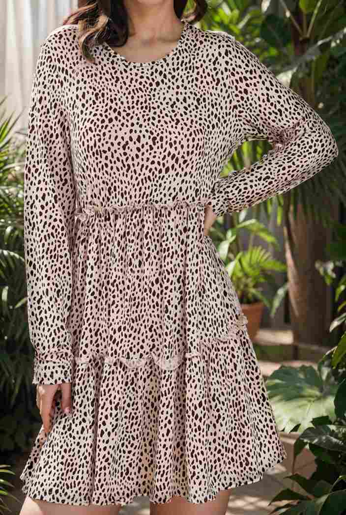 loose leopard print v neck dress drop shoulder a line closed cape paneled 118810