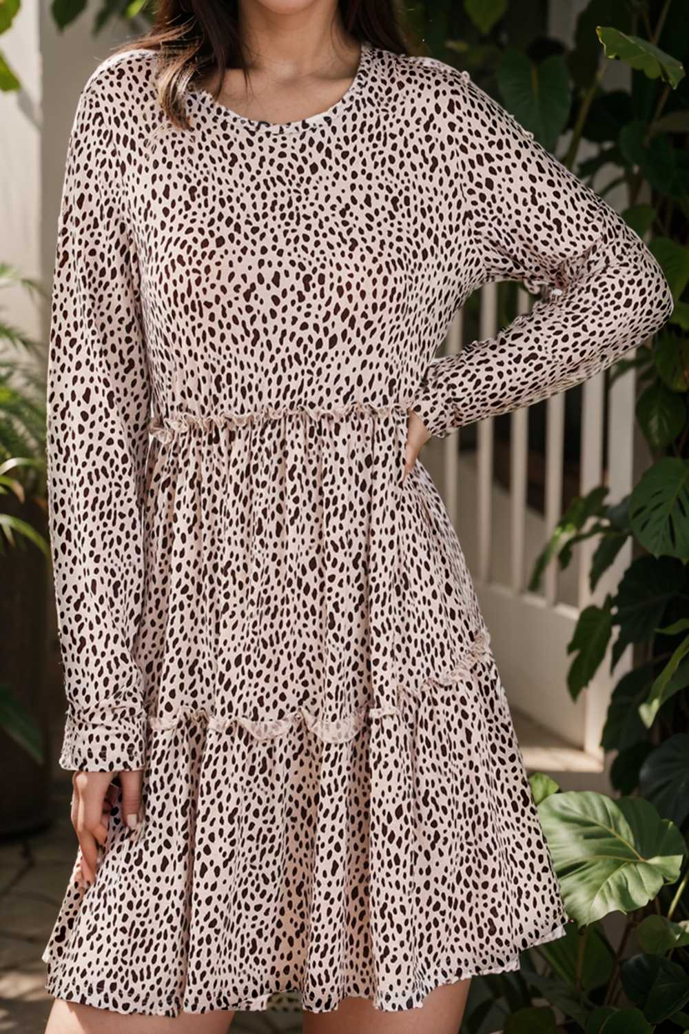 loose leopard print v neck dress drop shoulder a line closed cape paneled 130061