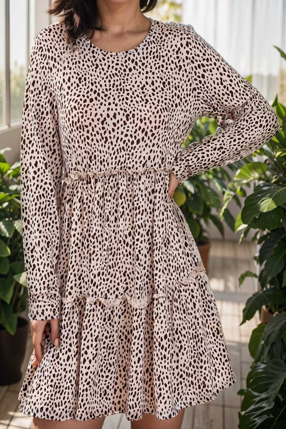 loose leopard print v neck dress drop shoulder a line closed cape paneled 107372
