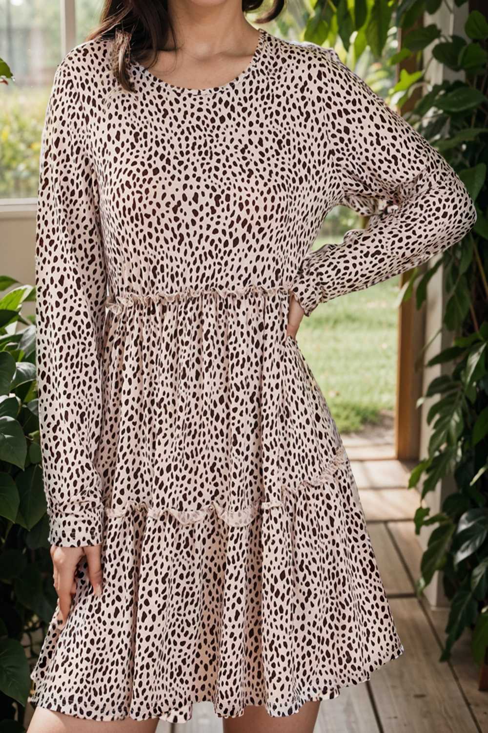 loose leopard print v neck dress drop shoulder a line closed cape paneled 136572