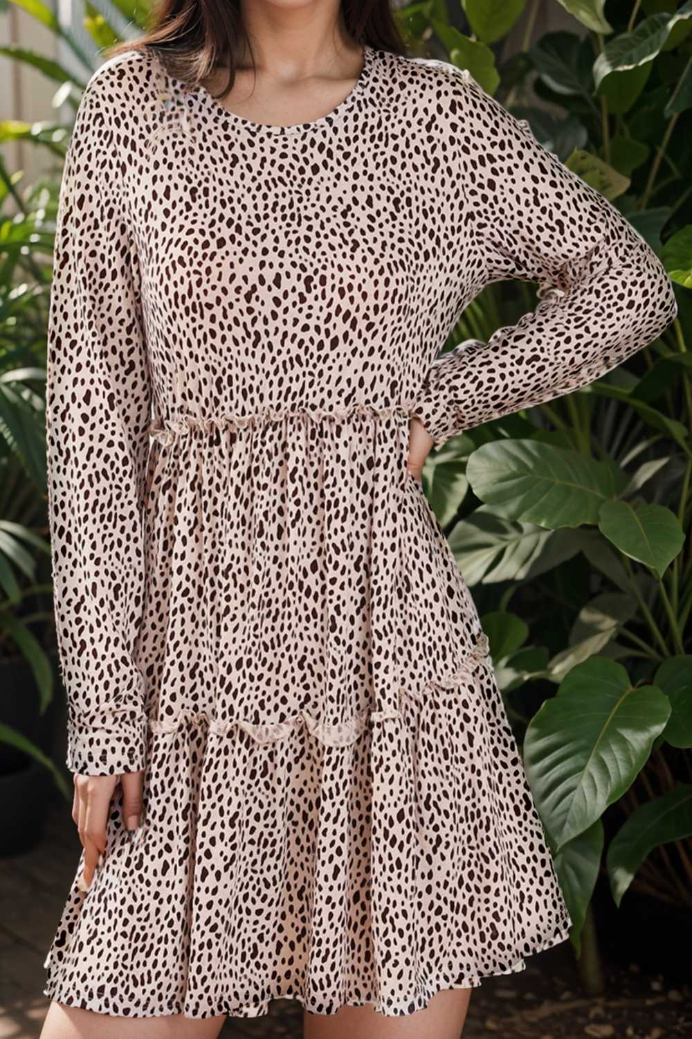 loose leopard print v neck dress drop shoulder a line closed cape paneled 115549