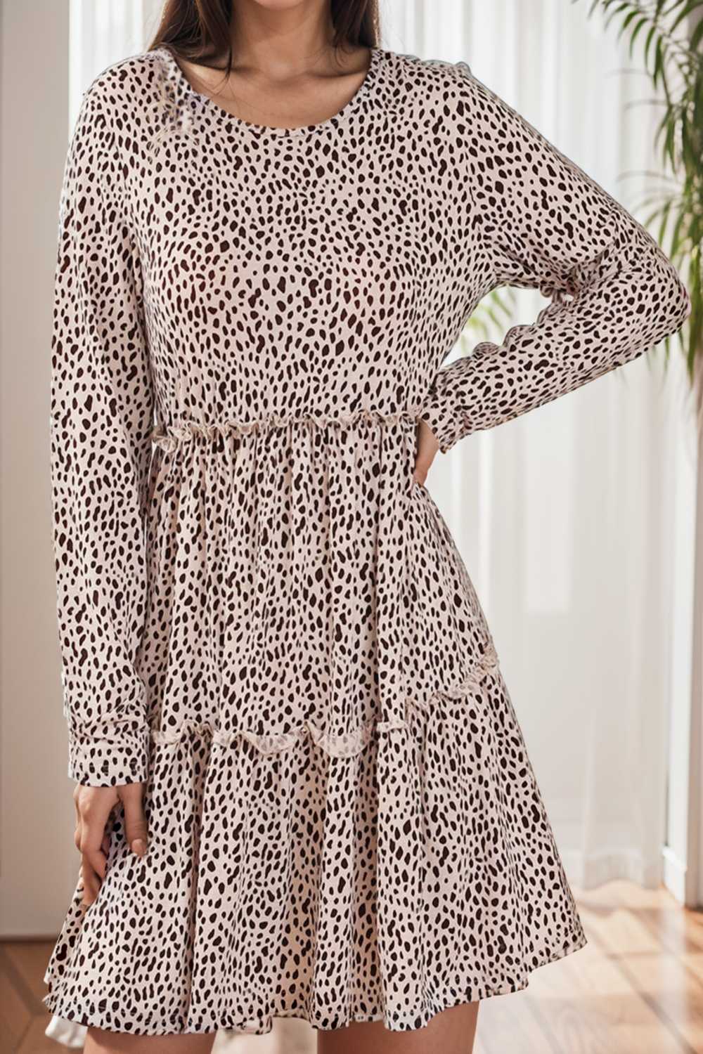 loose leopard print v neck dress drop shoulder a line closed cape paneled 110875