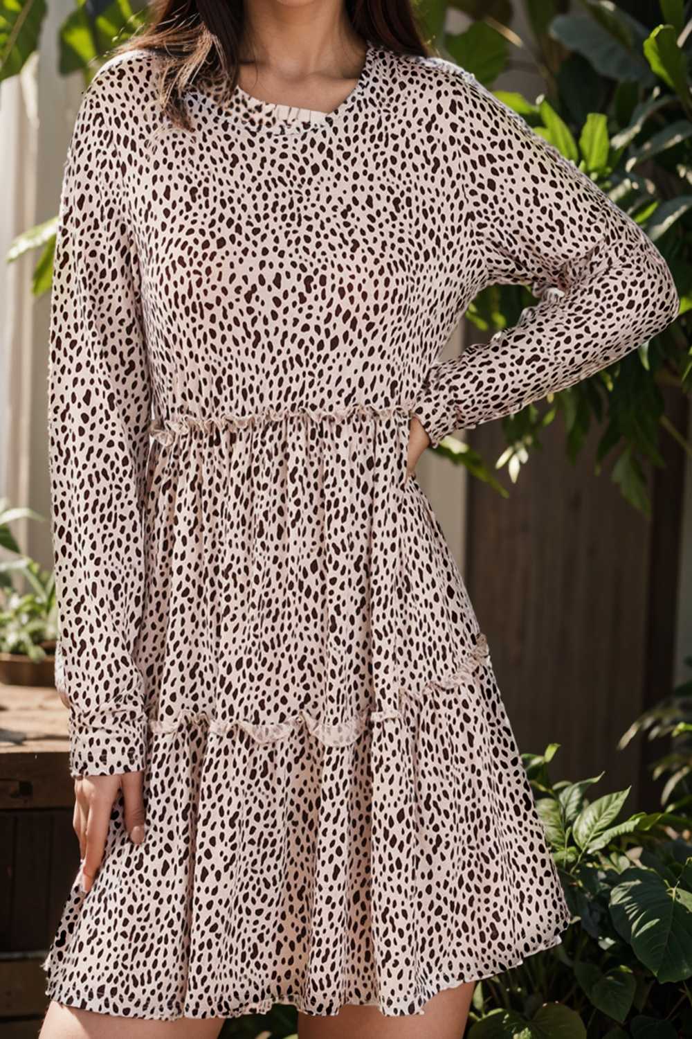 loose leopard print v neck dress drop shoulder a line closed cape paneled 133174