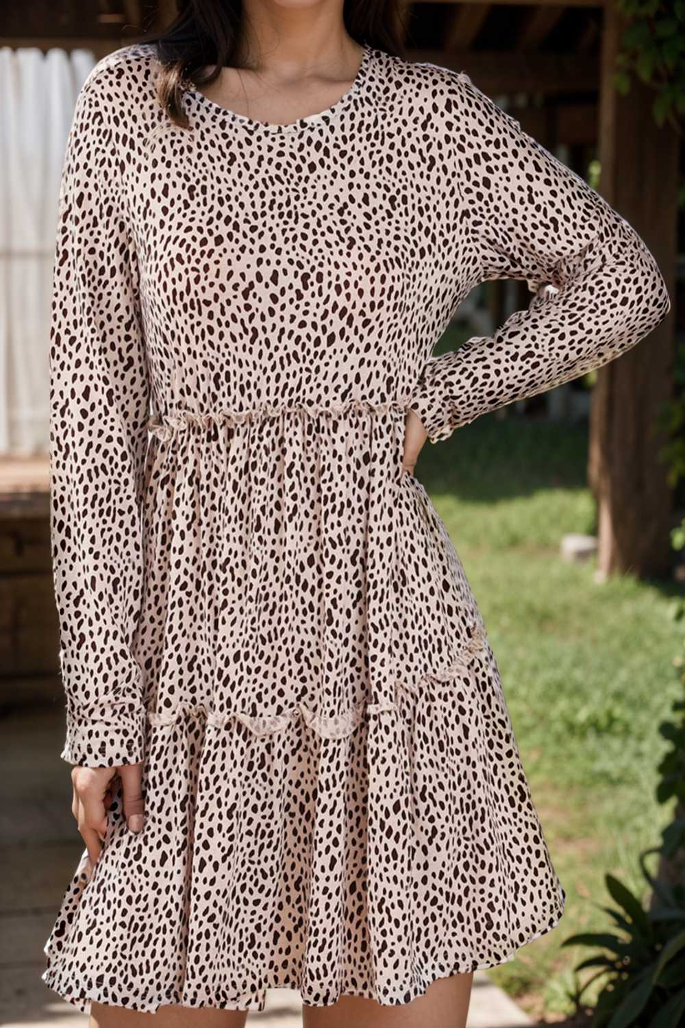 loose leopard print v neck dress drop shoulder a line closed cape paneled 127543