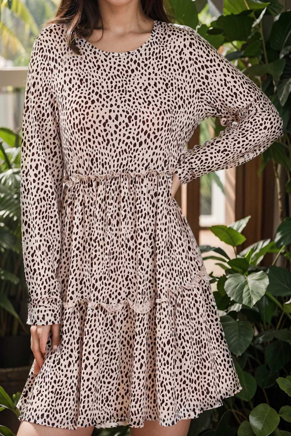 loose leopard print v neck dress drop shoulder a line closed cape paneled 127483