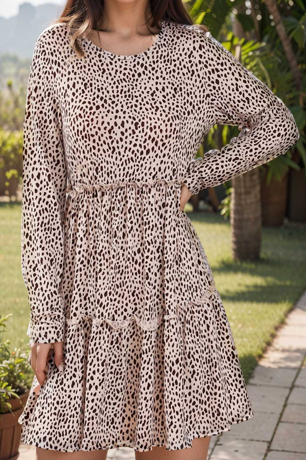 loose leopard print v neck dress drop shoulder a line closed cape paneled 127153