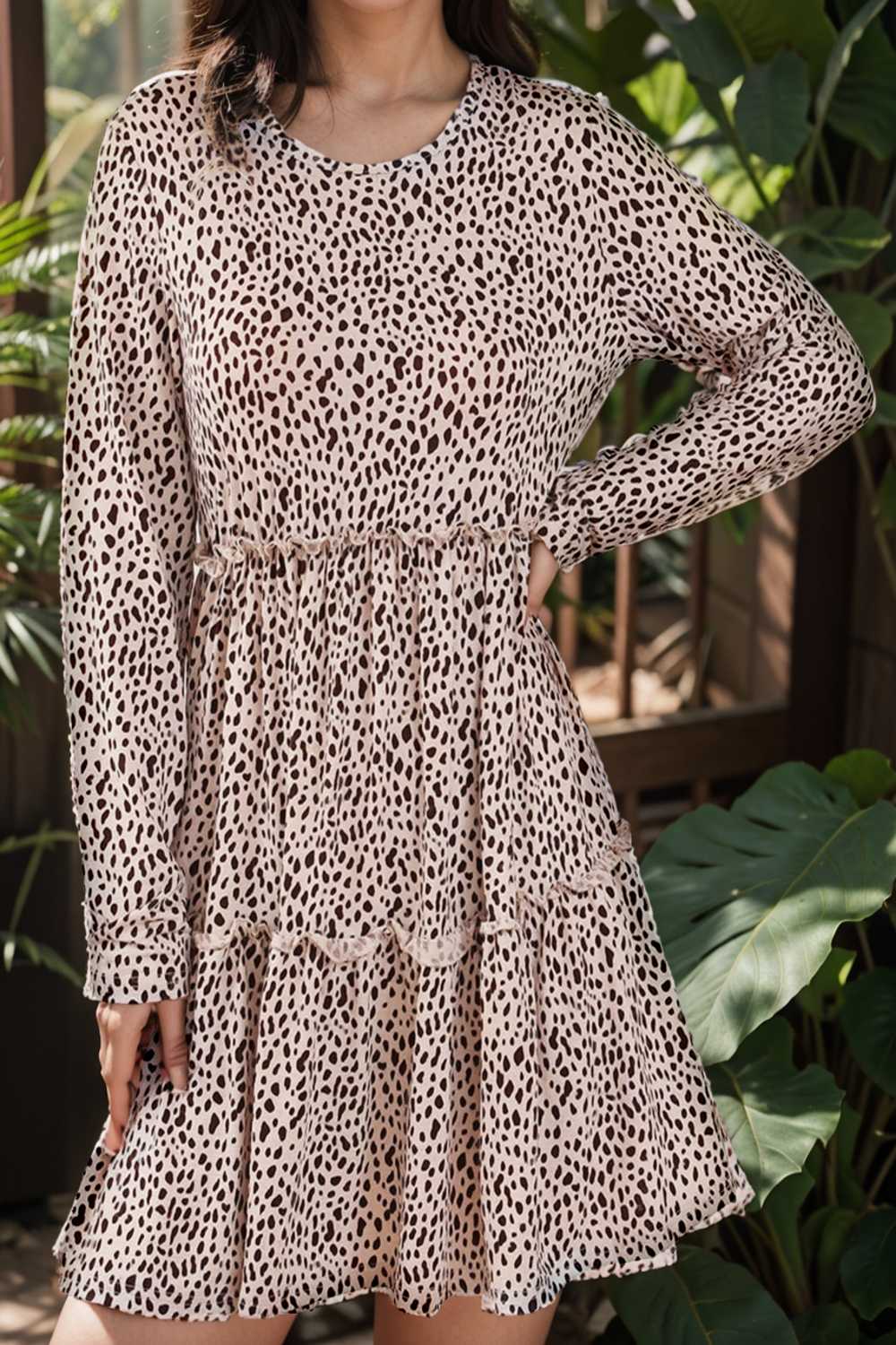 loose leopard print v neck dress drop shoulder a line closed cape paneled 115548