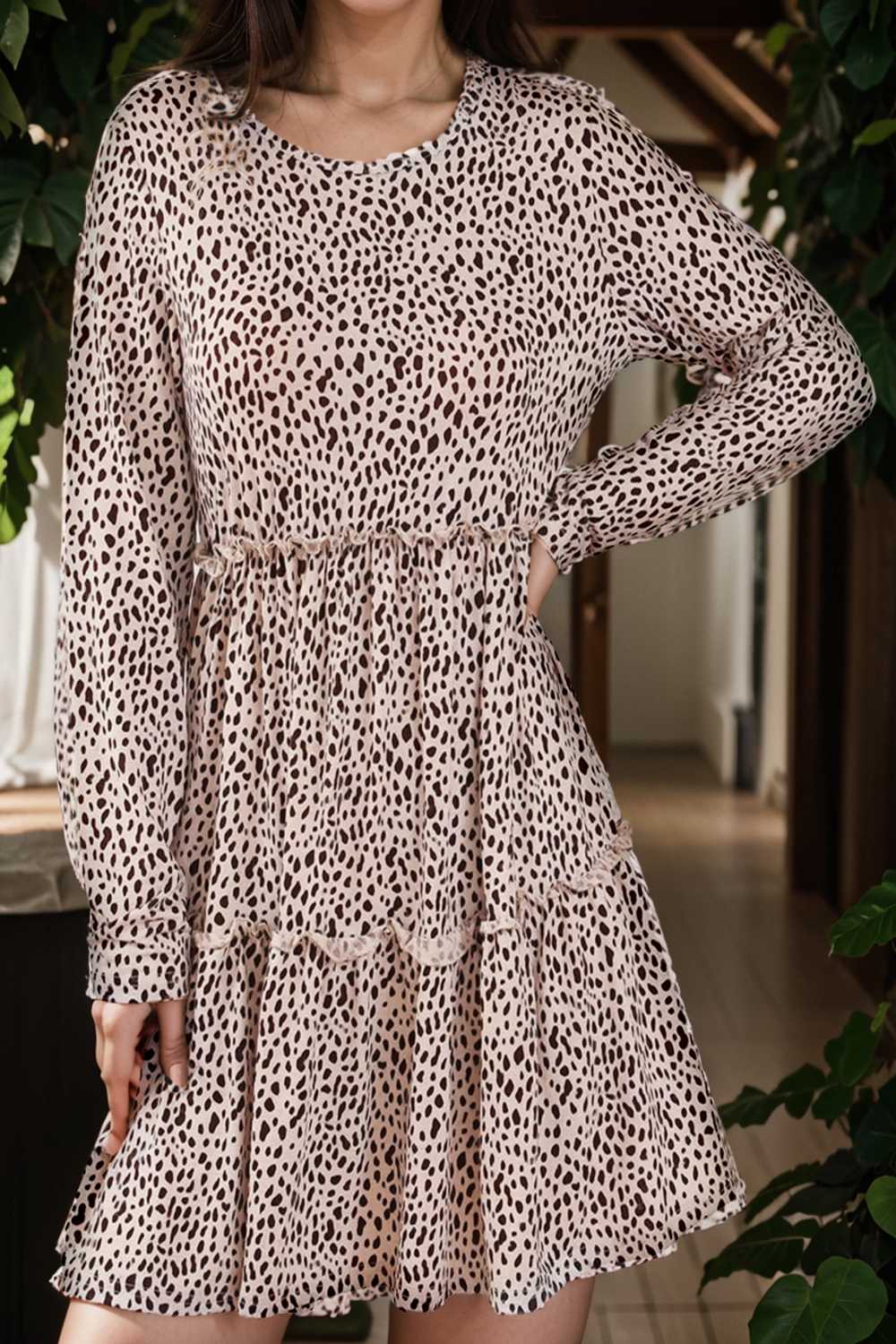 loose leopard print v neck dress drop shoulder a line closed cape paneled 133173