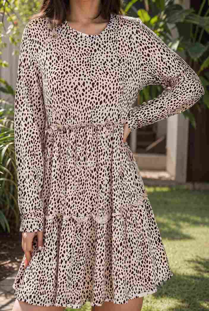 loose leopard print v neck dress drop shoulder a line closed cape paneled 118809