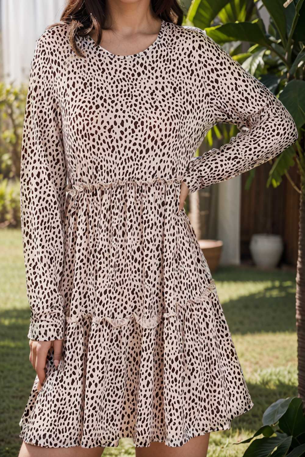 loose leopard print v neck dress drop shoulder a line closed cape paneled 115547