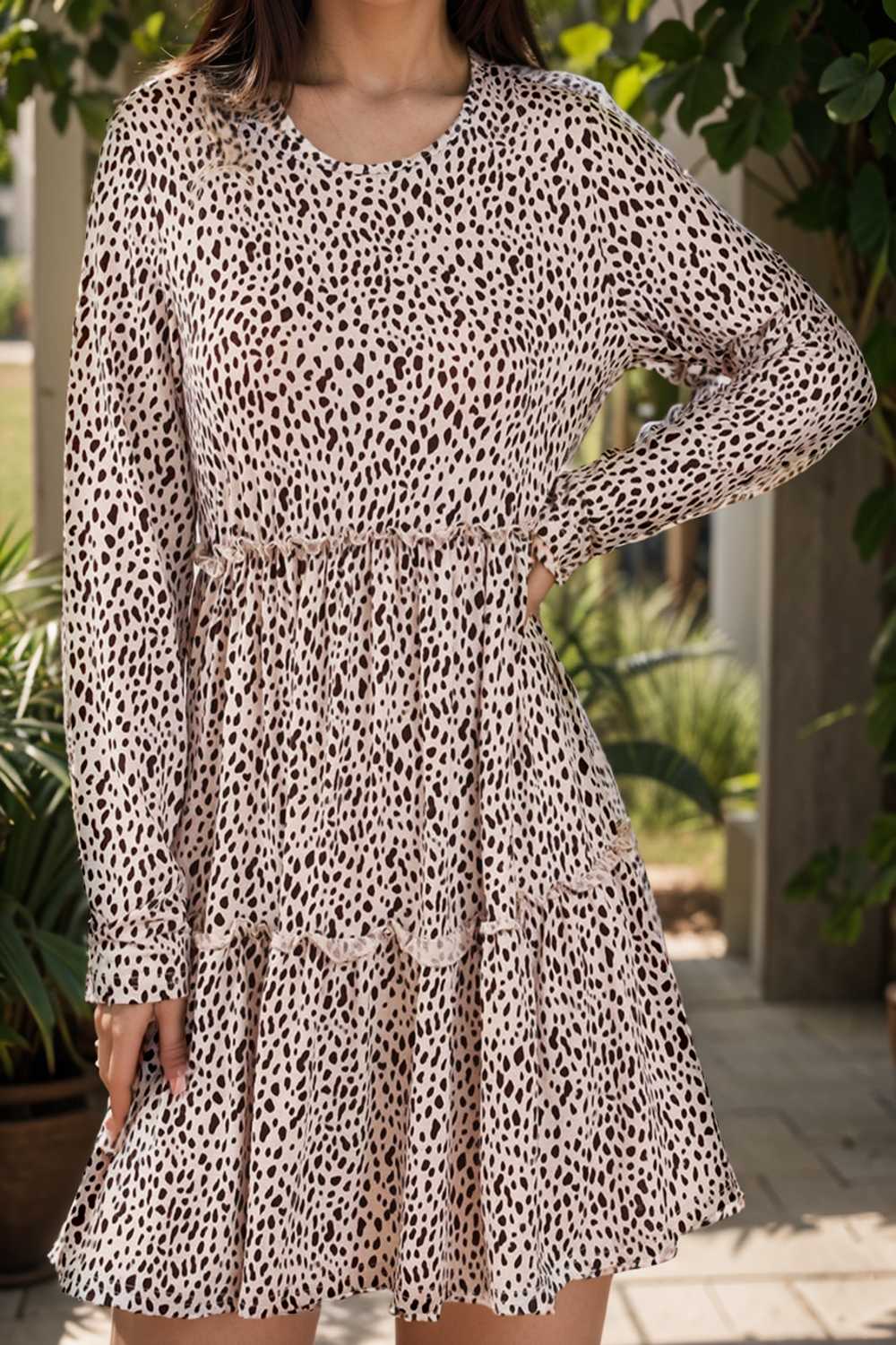 loose leopard print v neck dress drop shoulder a line closed cape paneled 133172