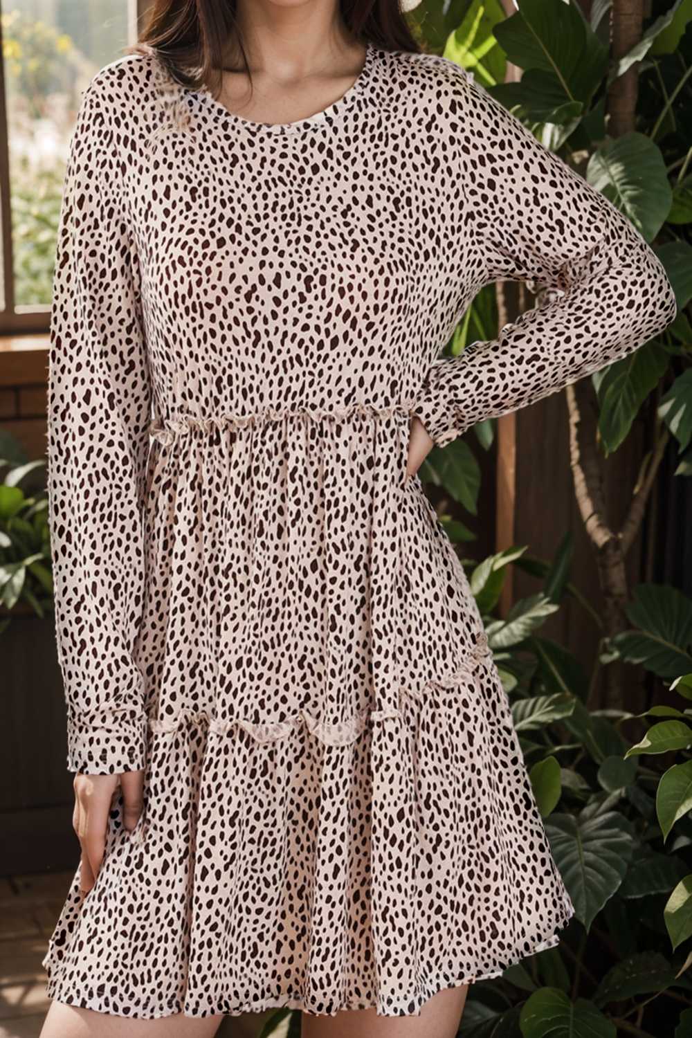 loose leopard print v neck dress drop shoulder a line closed cape paneled 127541