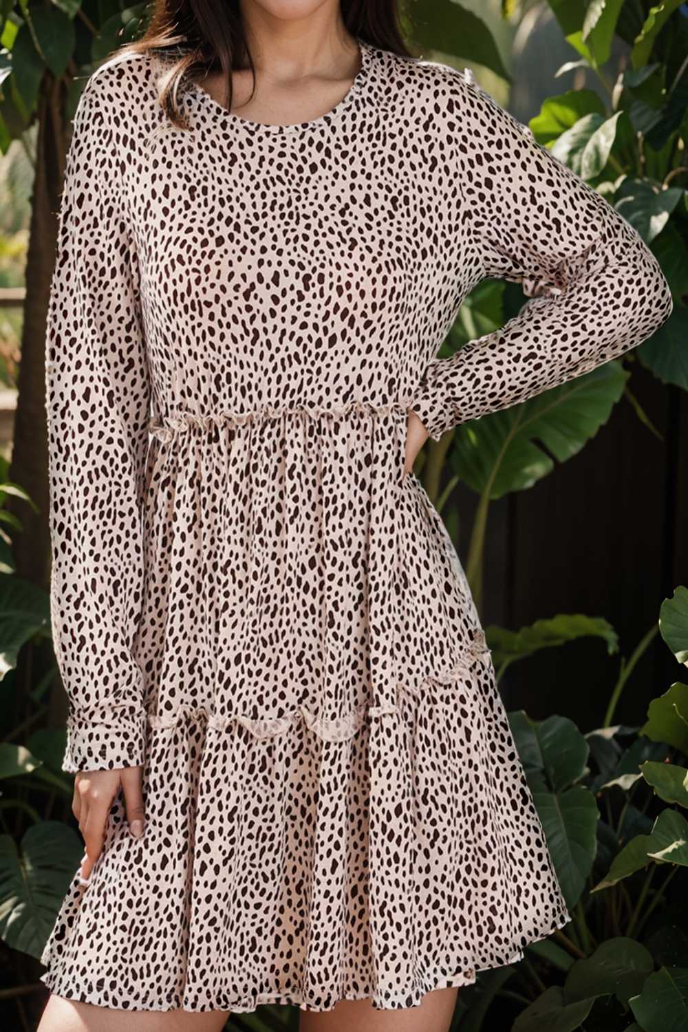 loose leopard print v neck dress drop shoulder a line closed cape paneled 127152