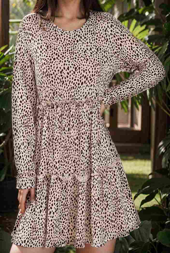 loose leopard print v neck dress drop shoulder a line closed cape paneled 118808