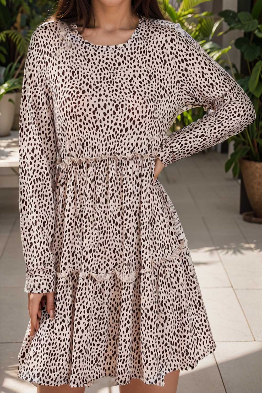 loose leopard print v neck dress drop shoulder a line closed cape paneled 133171
