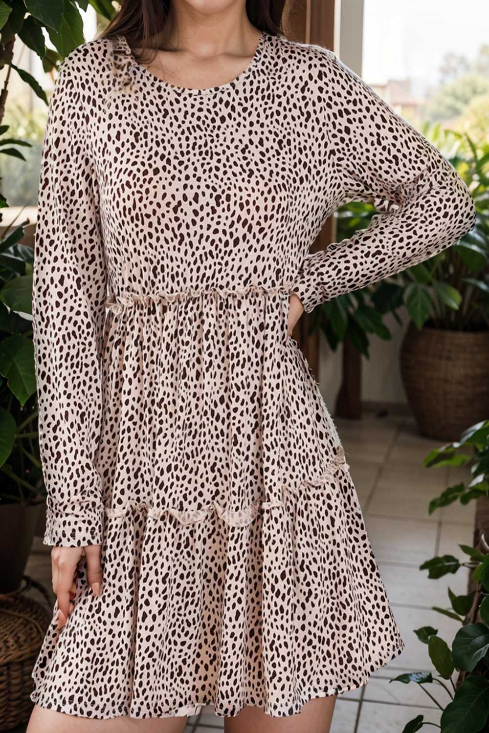 loose leopard print v neck dress drop shoulder a line closed cape paneled 127481