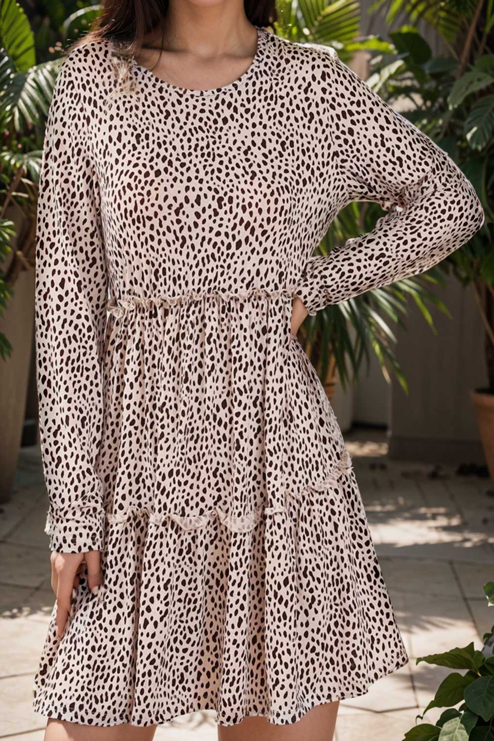 loose leopard print v neck dress drop shoulder a line closed cape paneled 127151