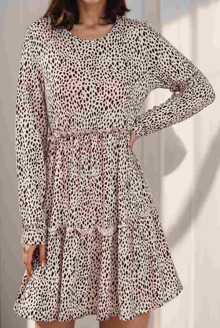 loose leopard print v neck dress drop shoulder a line closed cape paneled 118807