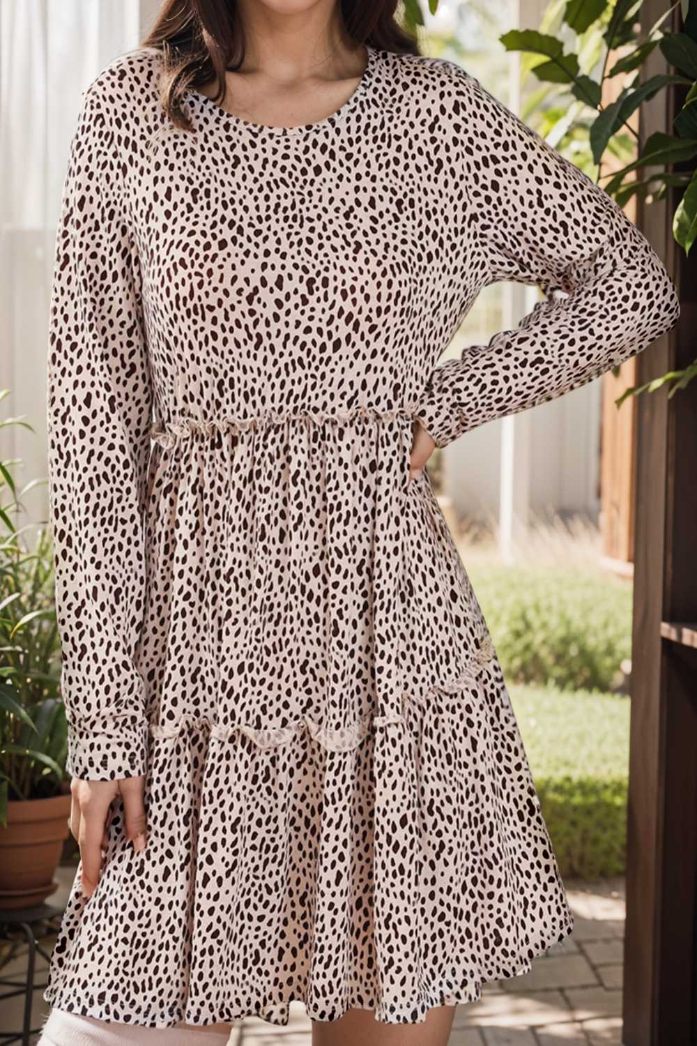 loose leopard print v neck dress drop shoulder a line closed cape paneled 127540