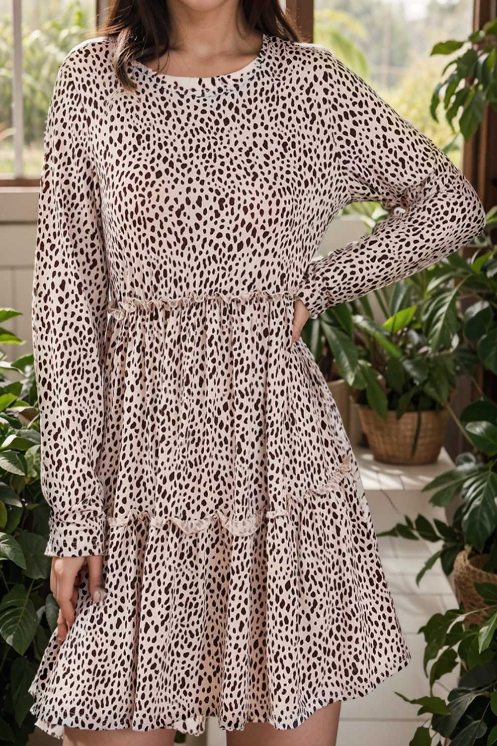 loose leopard print v neck dress drop shoulder a line closed cape paneled 133170