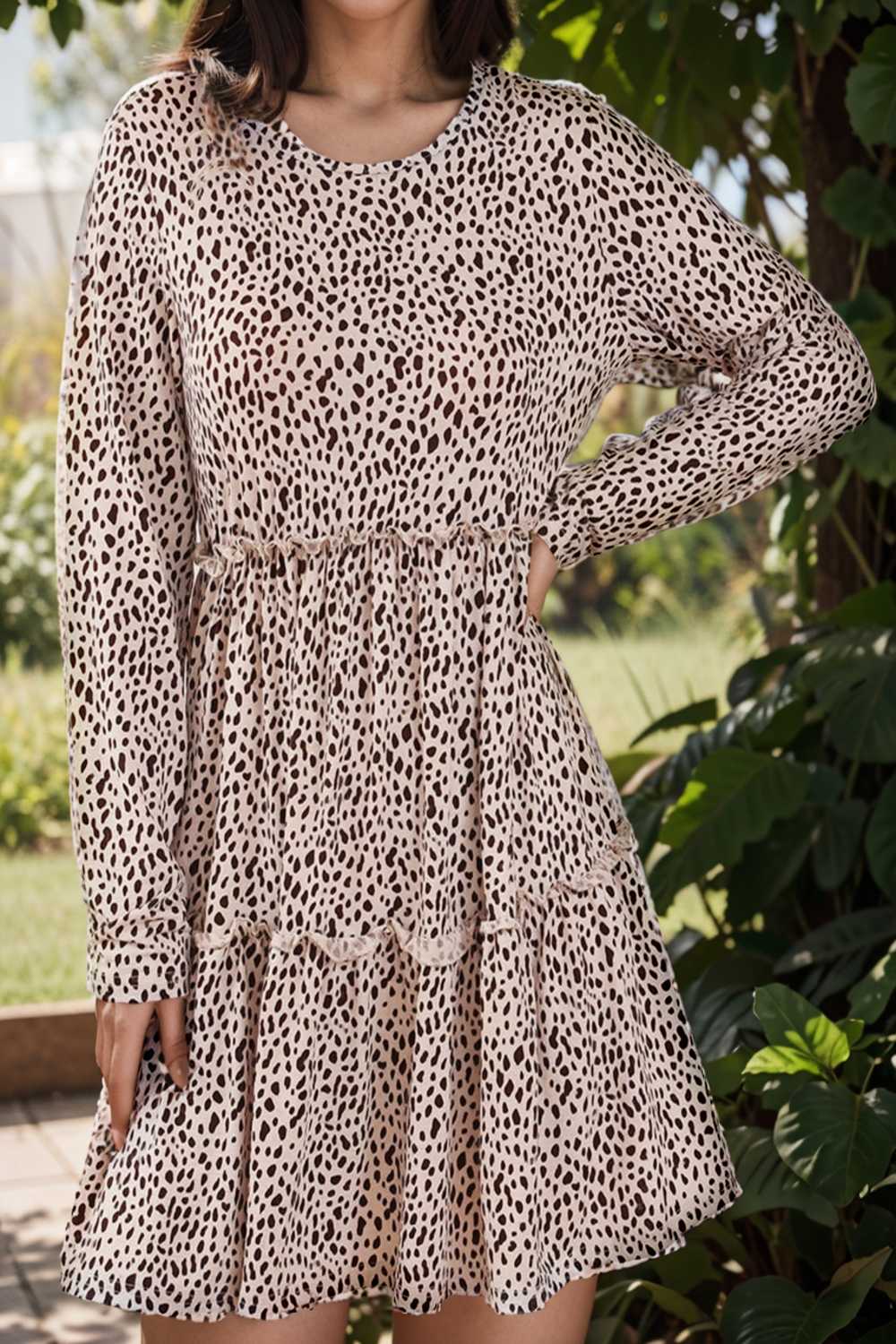 loose leopard print v neck dress drop shoulder a line closed cape paneled 127150