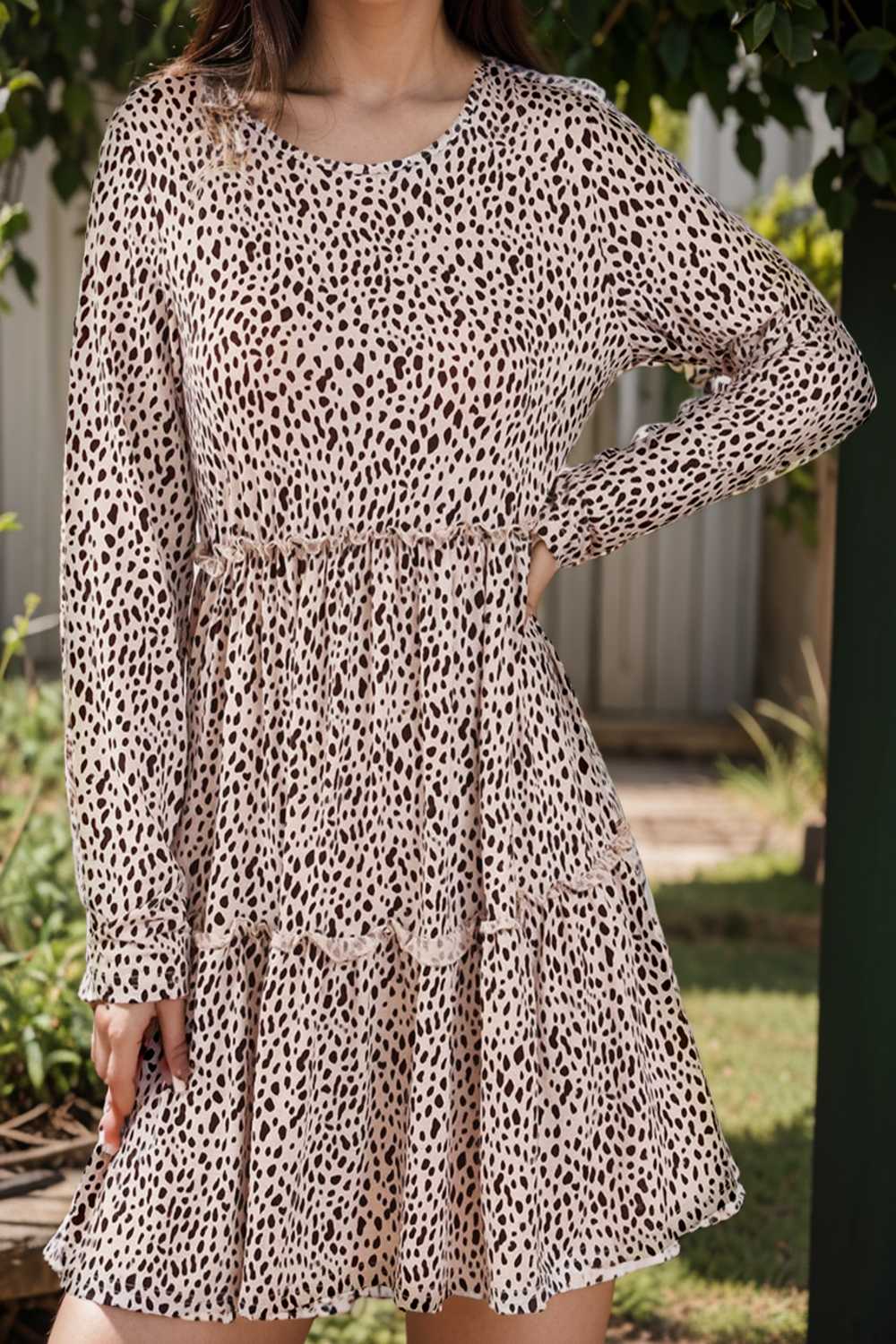 loose leopard print v neck dress drop shoulder a line closed cape paneled 115545