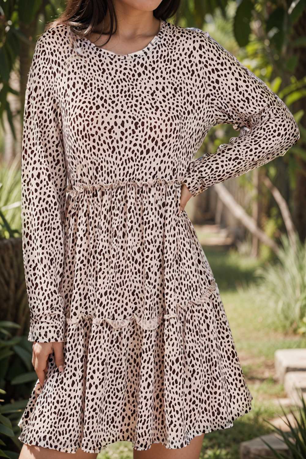 loose leopard print v neck dress drop shoulder a line closed cape paneled 127538