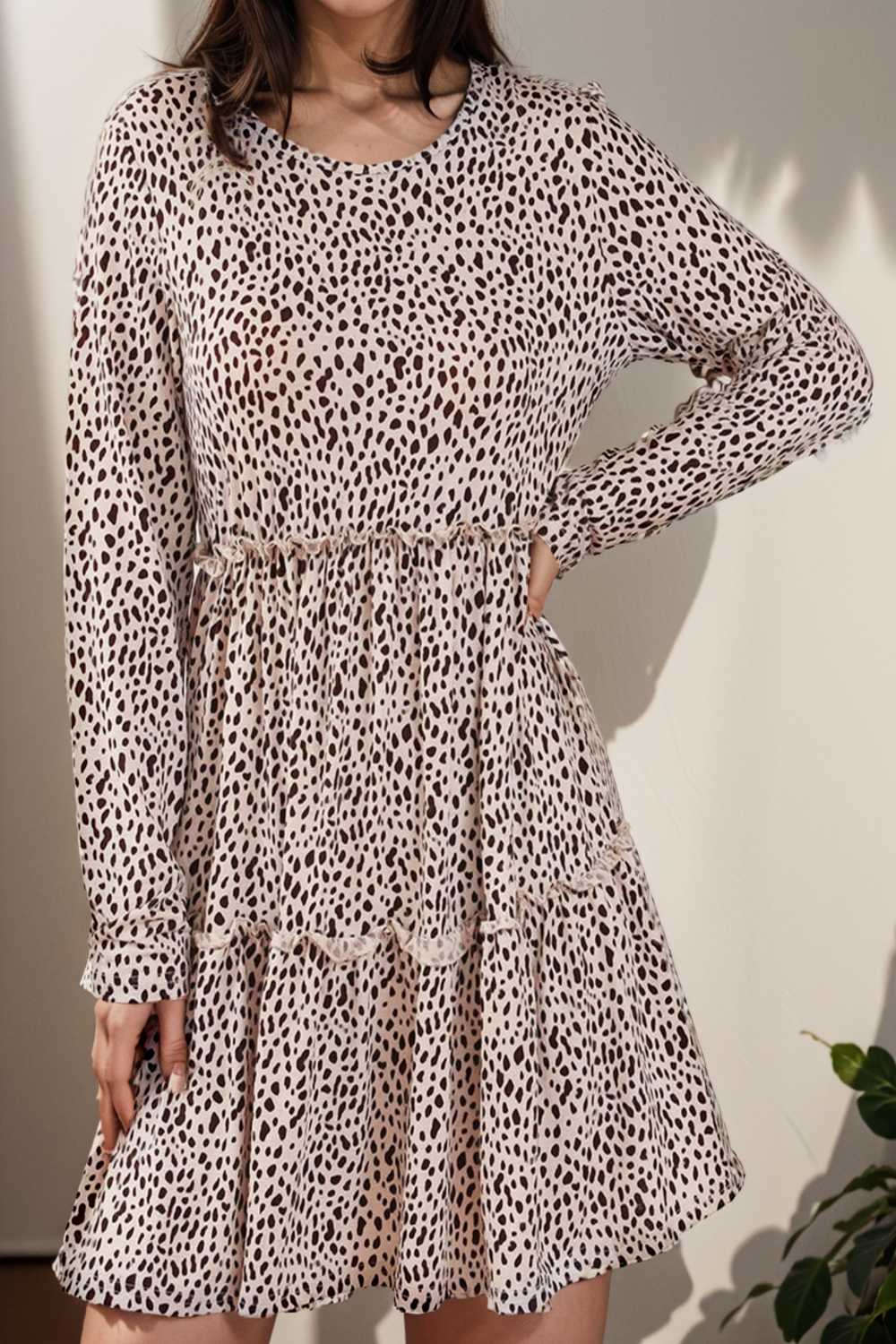 loose leopard print v neck dress drop shoulder a line closed cape paneled 115544