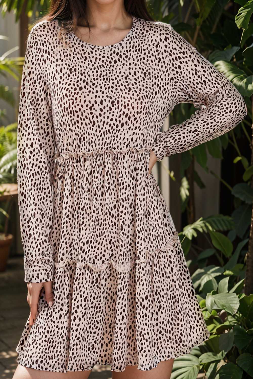 loose leopard print v neck dress drop shoulder a line closed cape paneled 127149