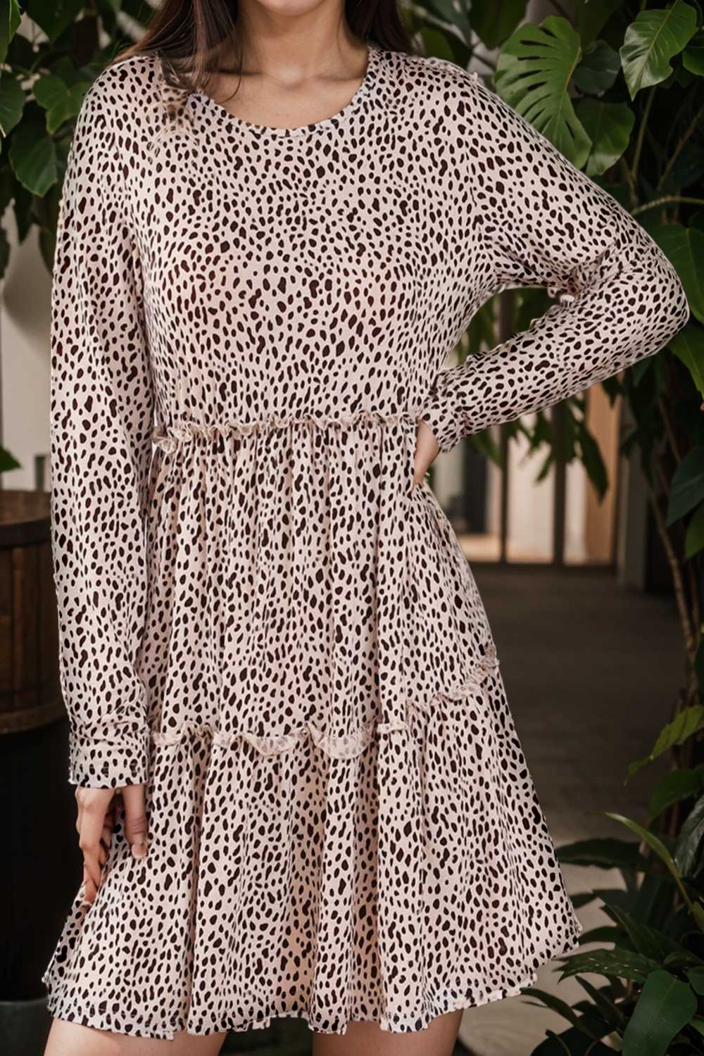 loose leopard print v neck dress drop shoulder a line closed cape paneled 127148
