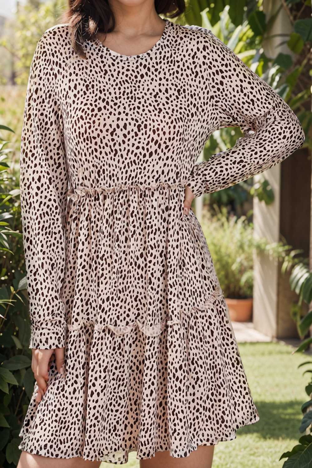 loose leopard print v neck dress drop shoulder a line closed cape paneled 115543