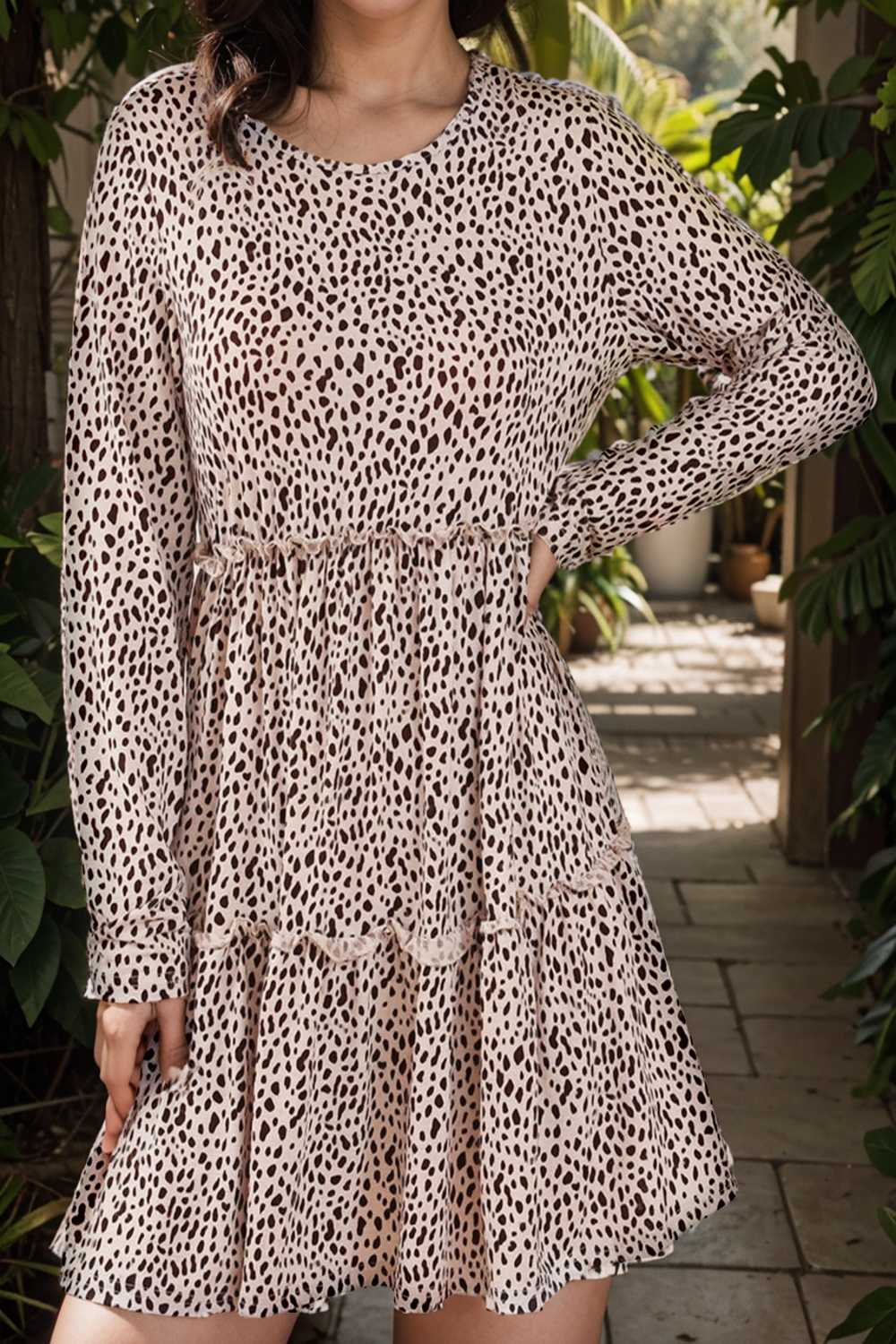 loose leopard print v neck dress drop shoulder a line closed cape paneled 133168