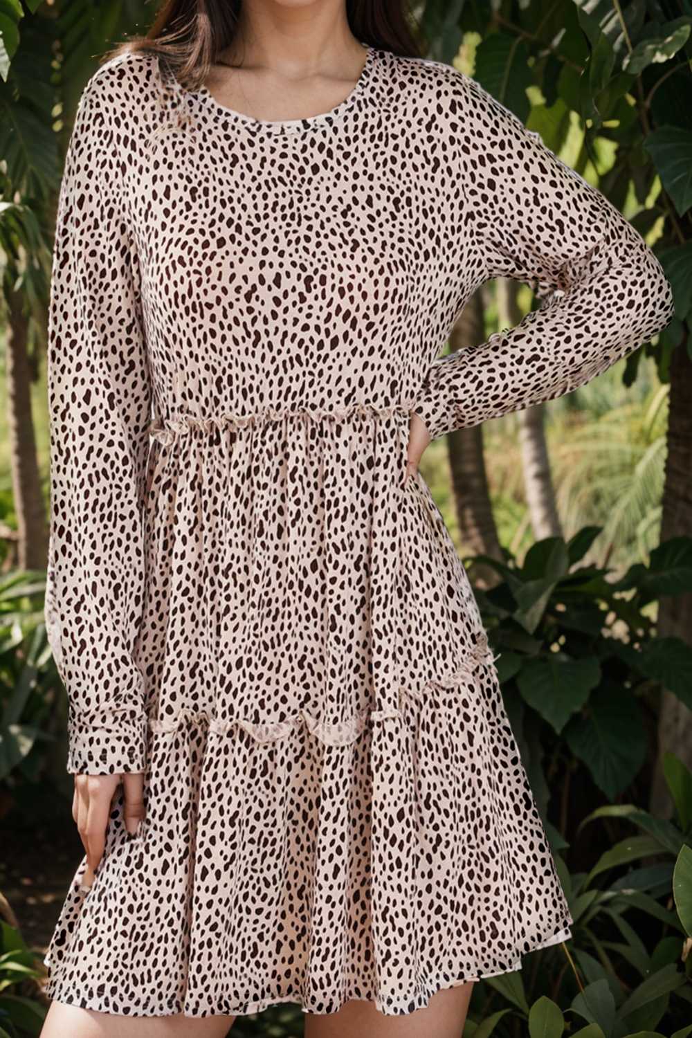 loose leopard print v neck dress drop shoulder a line closed cape paneled 127147