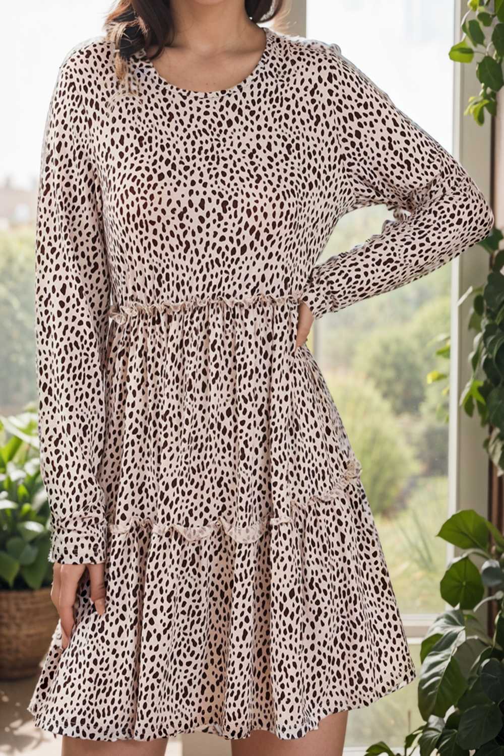 loose leopard print v neck dress drop shoulder a line closed cape paneled 133167