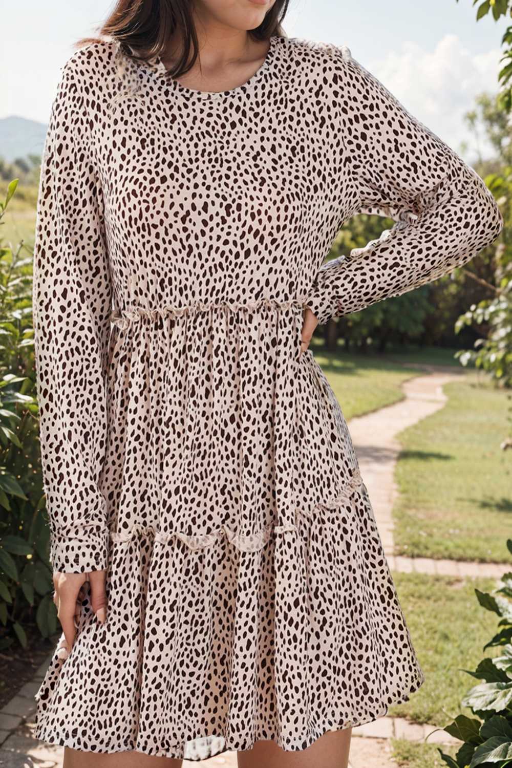 loose leopard print v neck dress drop shoulder a line closed cape paneled 115542