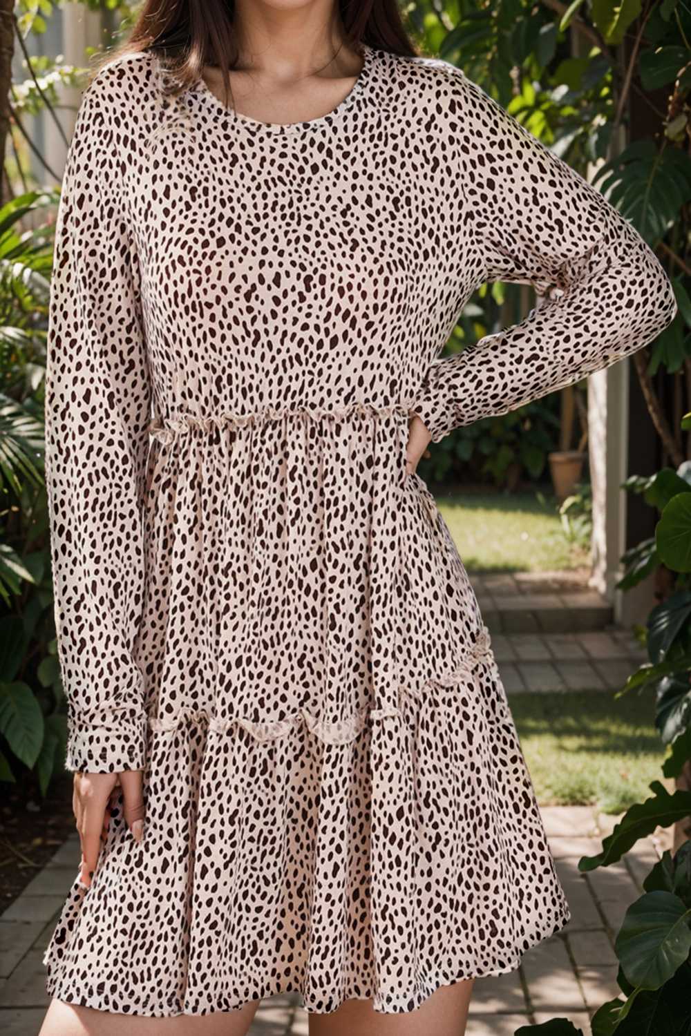 loose leopard print v neck dress drop shoulder a line closed cape paneled 127146