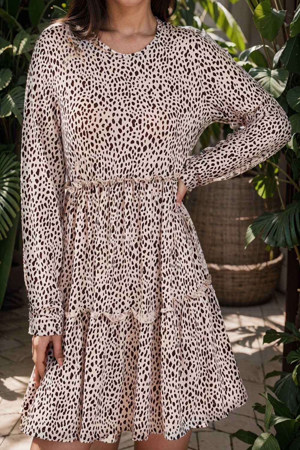 loose leopard print v neck dress drop shoulder a line closed cape paneled 133166