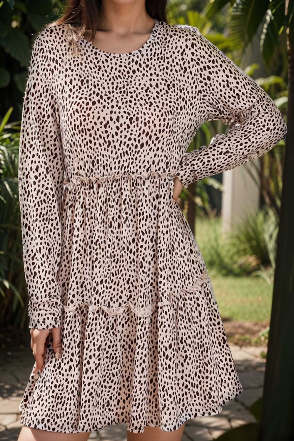 loose leopard print v neck dress drop shoulder a line closed cape paneled 115540