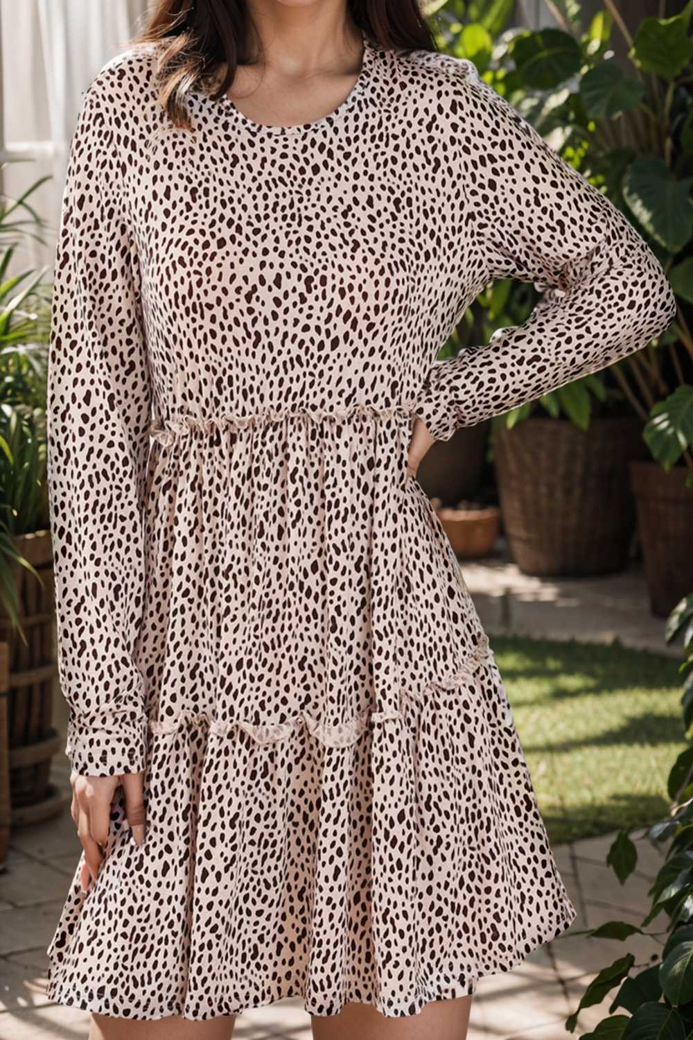 loose leopard print v neck dress drop shoulder a line closed cape paneled 133164