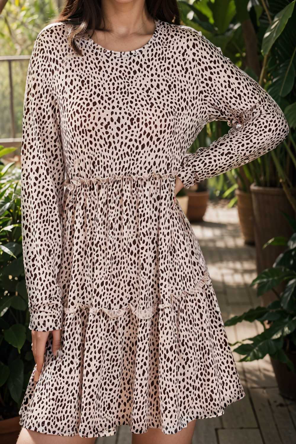 loose leopard print v neck dress drop shoulder a line closed cape paneled 115539