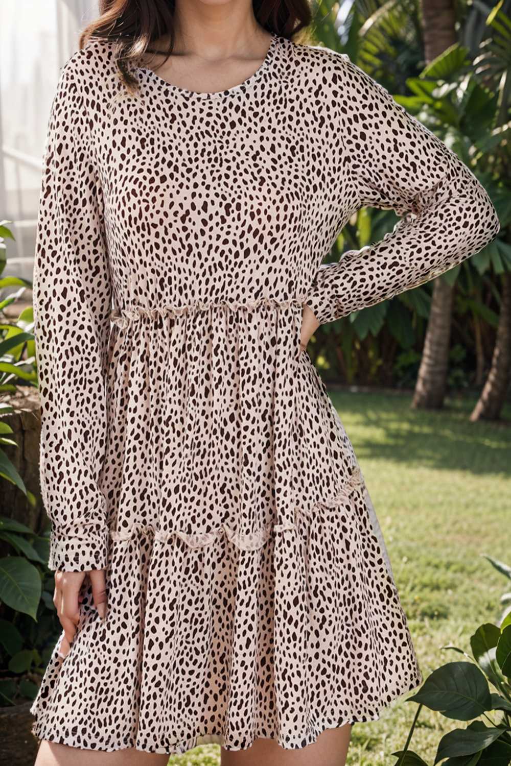 loose leopard print v neck dress drop shoulder a line closed cape paneled 117635