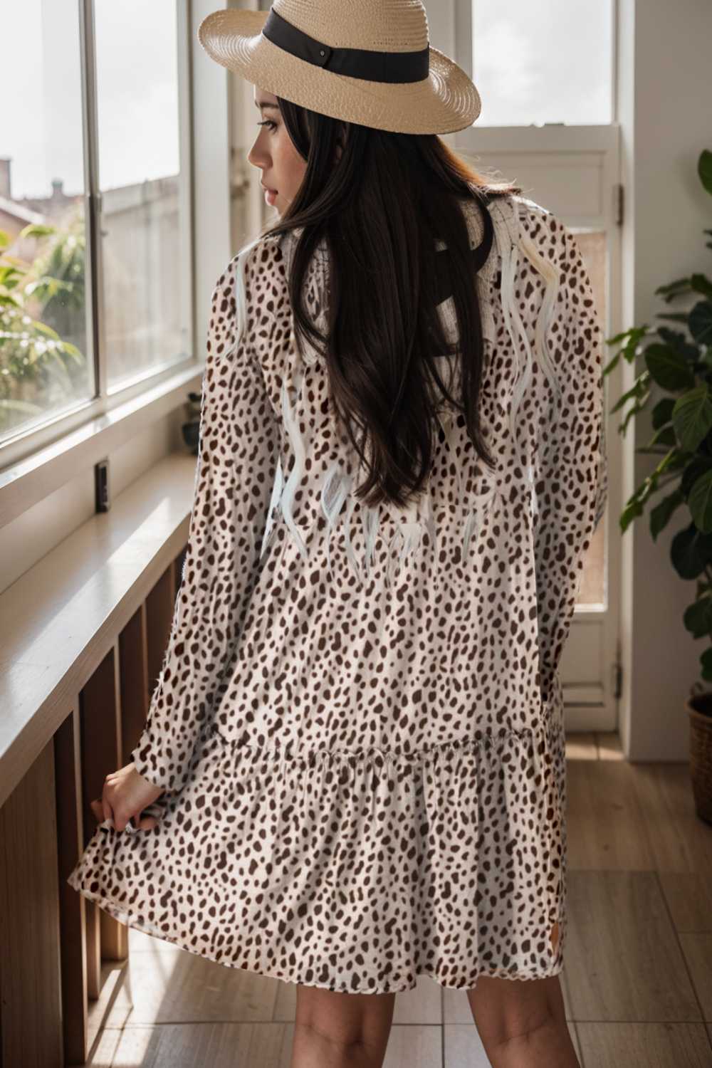 loose leopard print v neck dress drop shoulder a line closed cape paneled 142074