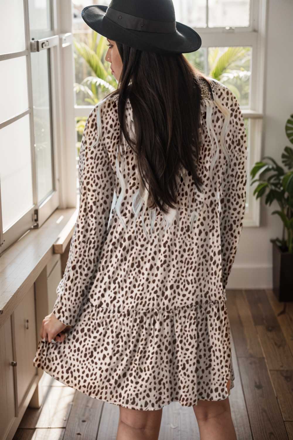 loose leopard print v neck dress drop shoulder a line closed cape paneled 107371
