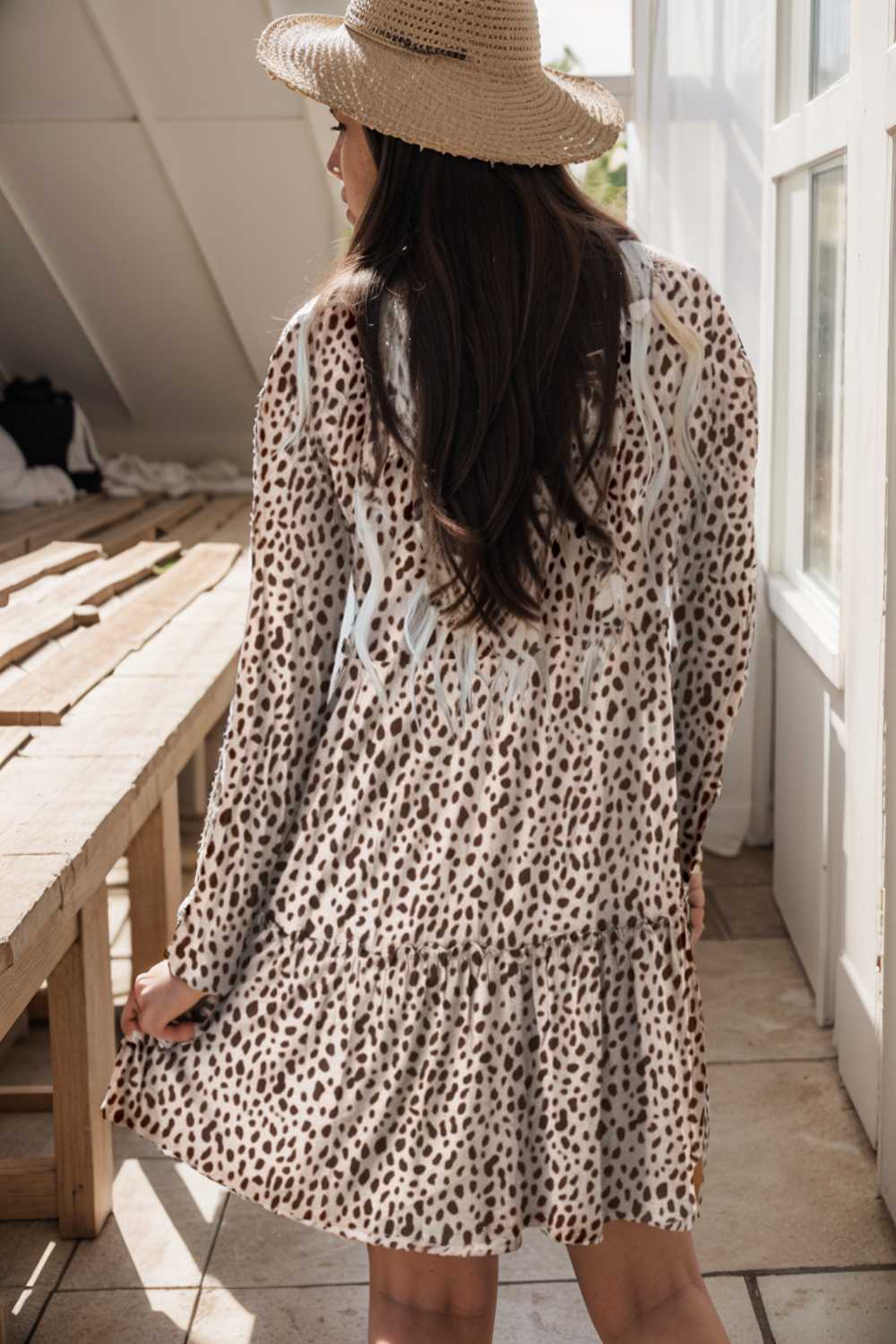 loose leopard print v neck dress drop shoulder a line closed cape paneled 110874
