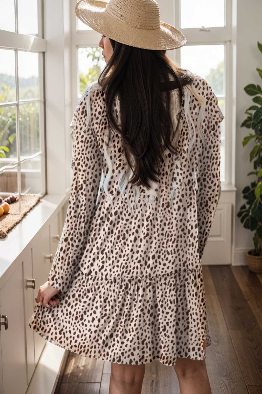 loose leopard print v neck dress drop shoulder a line closed cape paneled 136570
