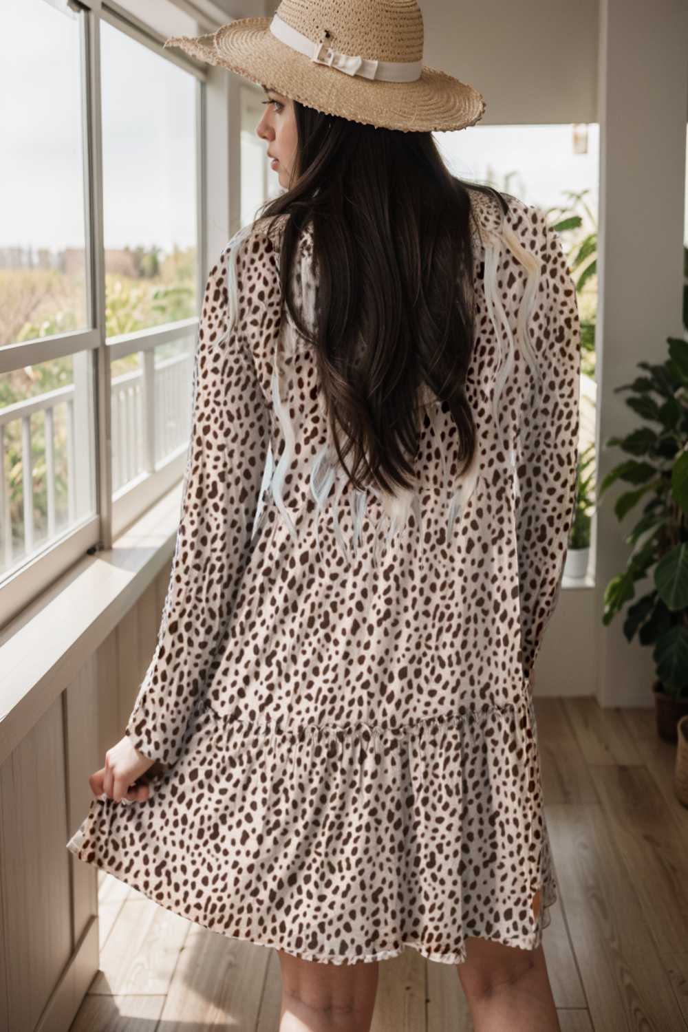 loose leopard print v neck dress drop shoulder a line closed cape paneled 130060