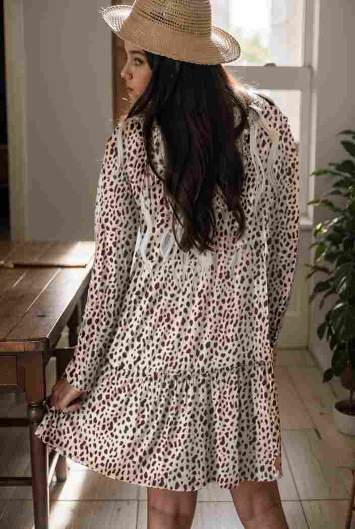 loose leopard print v neck dress drop shoulder a line closed cape paneled 131185