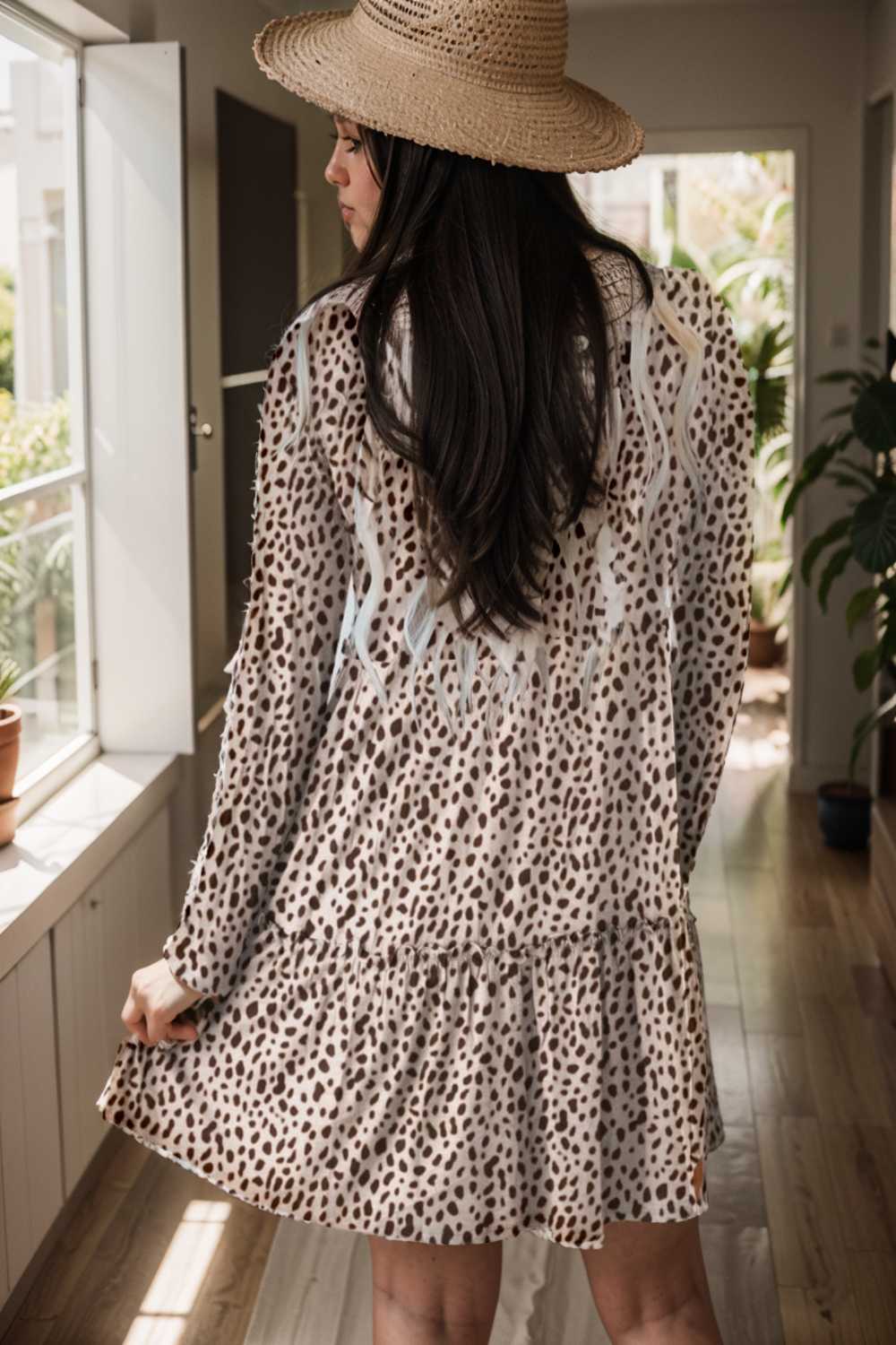 loose leopard print v neck dress drop shoulder a line closed cape paneled 133163